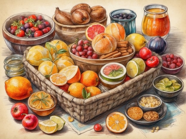 Auf dem Bild sind verschiedene Früchte und einige kulinarische Köstlichkeiten zu sehen, die in einem schön dekorierten Korb und Schalen angeordnet sind.**Regionale Spezialitäten und Geheimtipps:**1. **Zitronen und Orangen**: Diese Zitrusfrüchte sind perfekt für die Zubereitung von Marmelade, vor allem die berühmte sizilianische Zitronen- oder Orangenmarmelade, die einen wunderbaren Zitrusgeschmack hat.2. **Äpfel**: Besonders die Sorten aus dem Alten Land oder von der Erzgebirgen eignen sich hervorragend für die traditionelle Apfelstrudel-Zubereitung.3. **Feigen**: Feigen aus dem Mittelmeerraum sind ideal für einen feinen Feigensalat mit Ziegenkäse und Walnüssen.4. **Kürbiskerne**: Diese sind ein Geheimtipp für eine gesunde Knabberei, besonders die gerösteten Varianten mit Gewürzen, die oft in der Steiermark anzutreffen sind.5. **Zimt**: Eine Zutat, die oft in der nordafrikanischen Küche verwendet wird, um süße und herzhafte Gerichte zu verfeinern. Ein köstliches Rezept könnte ein Zimt-Tee sein, perfekt für kalte Tage.Jede dieser Zutaten kann in vielen traditionellen Rezepten verwendet werden und bringt ein Stück Regionalität