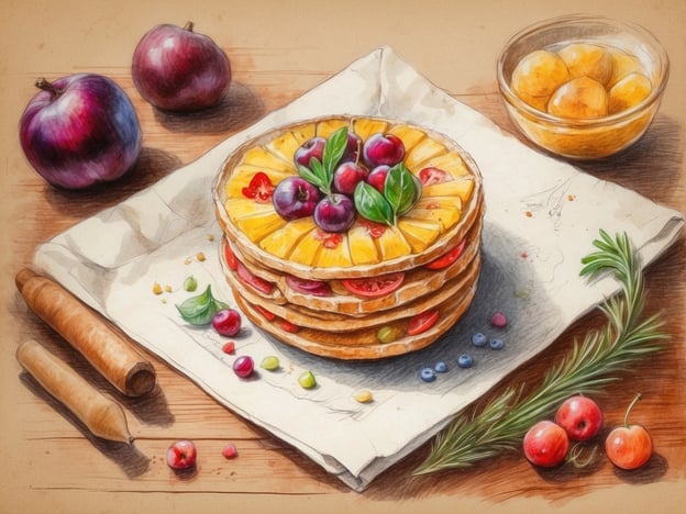 Auf dem Bild sind mehrere gestapelte Crêpes oder dünne Pfannkuchen zu sehen, die mit einer bunten Auswahl an frischen Früchten und Kräutern dekoriert sind. Neben dem Stapel befinden sich einige rote Äpfel und eine Schüssel mit weiteren Früchten.In Bezug auf tschechische Delikatessen könnten diese Pfannkuchen mit traditionellen Zutaten wie Marmelade aus Pflaumen (Slivovice) oder süßen Quarkfüllungen serviert werden. Außerdem sind in der tschechischen Küche auch frische Beeren wie Himbeeren oder Erdbeeren beliebt, die zu solch einer Speise passen würden. Die Präsentation auf dem Bild erinnert an die Liebe zur Ästhetik in der tschechischen Feinkost.
