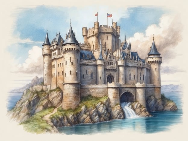 Auf dem Bild ist eine majestätische Burg oder ein Schloss zu sehen, das an einer Klippe über dem Wasser thront. Die Architektur erinnert an viele berühmte Burgen weltweit, wie zum Beispiel das Neuschwanstein Schloss in Deutschland, das aufgrund seiner märchenhaften Erscheinung bekannt ist.Der Baustil könnte auch an die Burg Hohenzollern oder das Château de Chambord in Frankreich erinnern. Die Türme und die detailreiche Fassade verleihen dem Gebäude eine beeindruckende Präsenz, ähnlich wie viele historische Schlösser, die aufgrund ihrer Schönheit und Geschichte Touristen anziehen.