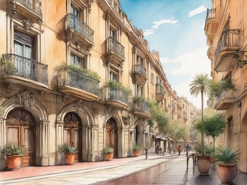 Eine malerische Straße in Barcelona mit historischen Gebäuden im Hintergrund. Die Fassaden sind in warmen Farbtönen gehalten und zeigen kunstvolle Balkonverzierungen. Auf der Straße stehen große Blumentöpfe mit üppigen Pflanzen und Palmen. Menschen schlendern entspannt entlang der Gehwege, während der Himmel blau und leicht bewölkt ist. Die Umgebung strahlt eine einladende und charmante Atmosphäre aus, ideal für Spaziergänge in der Nähe des NH Hotels Barcelona Eixample.