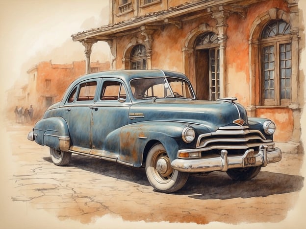 Auf dem Bild ist ein alter, blauer Chevrolet zu sehen, der vor einer historischen, orangefarbenen Wand steht. Die Architektur des Gebäudes im Hintergrund lässt auf eine vergangene Epoche schließen, während der Parkplatz mit seinen unebenen Steinen und der leicht abgenutzte Zustand des Autos eine nostalgische Stimmung erzeugen.Die Geschichte hinter den historischen Gassen könnte erzählen, dass diese Straßen einst von lebhaften Aktivitäten geprägt waren. Menschen gingen ein und aus, Geschäfte florierten, und der Klang von Motoren füllte die Luft. Das Auto symbolisiert nicht nur Fortschritt und Mobilität, sondern auch eine Zeit, in der solche Fahrzeuge ein alltäglicher Anblick waren und Geschichten von Abenteuern und Reisen erzählten. Die Gassen könnten viele Geschichten gehört haben – von Fröhlichkeit, Begegnungen und Erinnerungen, die die Stadt und ihre Menschen prägten.