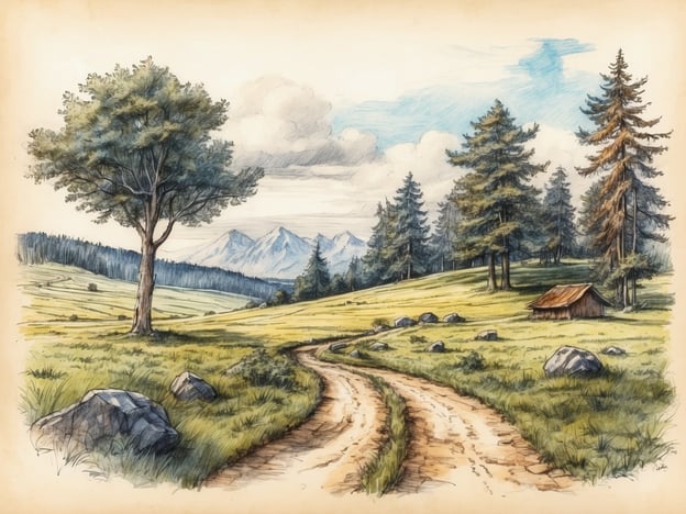 Auf dem Bild ist eine malerische Landschaft zu sehen. Ein Weg schlängelt sich durch eine grüne Wiese, umgeben von hohen Bäumen. In der Ferne sieht man Berge und einen kleinen, rustikalen Schuppen. Man könnte sich Aktivitäten wie Wandern, Radfahren oder einfach ein Picknick in der Natur vorstellen. Die ruhige Atmosphäre lädt dazu ein, die frische Luft zu genießen und sich zu entspannen.