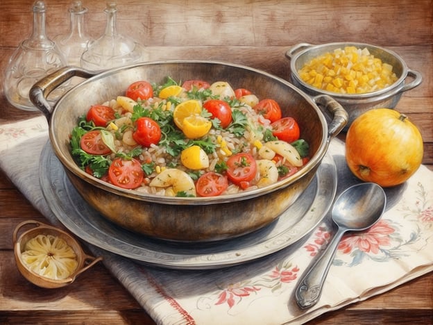 Auf dem Bild ist eine appetitliche Zubereitung in einer metallenen Schüssel zu sehen, die eine Mischung aus Gemüse, möglicherweise Reis oder ähnlichem, enthält. Es sind frische Tomaten, Zitrusfrüchte und Kräuter zu erkennen, was auf eine gesunde und frische Zubereitung hinweist. Daneben befindet sich eine Schale mit einer anderen Zutat und ein Apfel, was die Vielfalt und Frische der ukrainischen Küche widerspiegelt.Der Einfluss der ukrainischen Küche auf die Welt zeigt sich in der Verwendung frischer Zutaten und regionaler Aromen, die in dieser Zubereitung gut zur Geltung kommen. Ukrainische Gerichte sind oft bunt und vielfältig, was sich auch in der Präsentation dieser Speise widerspiegelt.