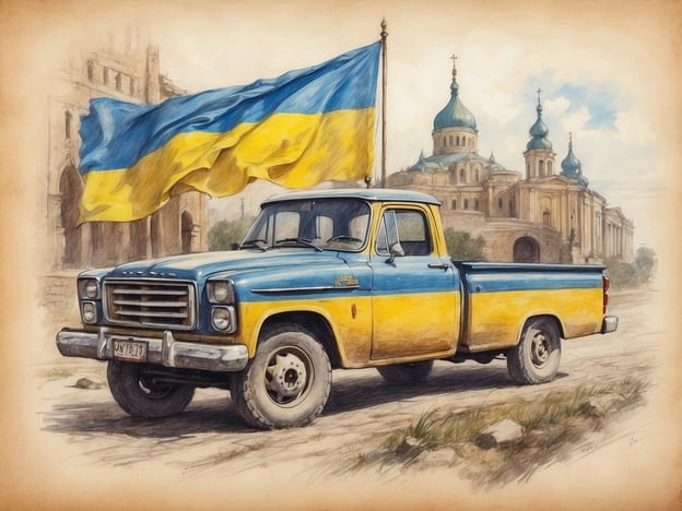 Auf dem Bild ist ein blauer und gelber Lkw zu sehen, der mit der ukrainischen Flagge versehen ist. Im Hintergrund sind architektonische Elemente zu erkennen, die vermutlich auf die kulturelle und historische Bedeutung der Ukraine hinweisen.Der Einfluss der Ukraine auf die Weltgeschichte ist spürbar, insbesondere durch ihren Standort zwischen Europa und Asien, der historische Handelswege prägte. Die Ukraine hat eine reiche Kultur und Geschichte, die durch ihre Kämpfe um Unabhängigkeit und nationale Identität geprägt sind. Aktuell wird dieser Einfluss auch durch geopolitische Entwicklungen verstärkt, die die globalen Beziehungen und Sicherheitsarchitekturen beeinflussen.