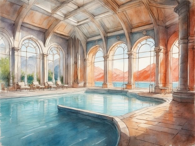 Auf dem Bild ist ein stilvolles Thermalbad oder eine Heilquelle zu sehen, das von großen Fenstern umgeben ist, durch die viel Tageslicht strömt. Das Wasser im Pool ist klar und lädt zum Entspannen ein.Thermalbäder und Heilquellen haben eine lange Tradition in der Gesundheitsförderung und Entspannung. Sie nutzen das natürliche heiße Mineralwasser, das oft aus der Erde sprudelt und eine Vielzahl von heilenden Eigenschaften besitzt. Diese Gewässer können helfen, Schmerzen zu lindern, die Durchblutung zu verbessern und das allgemeine Wohlbefinden zu steigern. Außerdem schaffen solche Orte eine ruhige, friedliche Atmosphäre, die es den Menschen ermöglicht, sich zu erholen und Stress abzubauen.