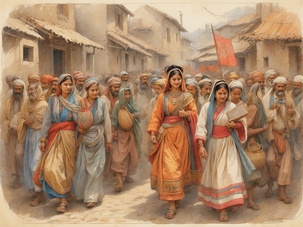 Auf dem Bild ist eine Gruppe von Menschen zu sehen, die durch eine kleine Straße mit Gebäuden gehen. Die Frauen tragen traditionelle, farbenfrohe Kleidung, während die Männer eher schlichte, rustikale Gewänder haben.In Bezug auf ungarische Traditionen könnte man sagen, dass solche Szenen oft mit gemeinschaftlichen Festen oder Märkten assoziiert werden. In Ungarn gibt es viele Bräuche, die mit dem Zusammenkommen von Menschen verbunden sind, wie das Erntedankfest (Szüreti Fesztivál), wo Menschen in traditioneller Tracht zusammenkommen, um die Ernte zu feiern. Auch in der ungarischen Kultur spielen Feste, Trachten und das gemeinsame Feiern eine wichtige Rolle, ähnlich wie es hier der Fall zu sein scheint.