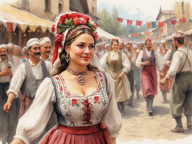 Auf dem Bild ist eine lebhafte Dorf- oder Festtagsatmosphäre darstellt, die an beliebte ungarische Feste erinnert. Ein Beispiel ist das **Budapester Frühlingsfest**, wo traditionelle Trachten, Musik und Tanz im Vordergrund stehen.Ein weiteres berühmtes Fest, das hier dargestellt sein könnte, ist das **Széchenyi-Fest**, das lokale Handwerkskunst und kulinarische Köstlichkeiten feiert. Solche gesellschaftlichen Anlässe bringen oft Menschen zusammen, die in traditionellen ungarischen Kleidern tanzen und singen. Nach diesen Festen gibt es oft einen fröhlichen Markt, der die Kultur und die Gemeinschaft feiert.
