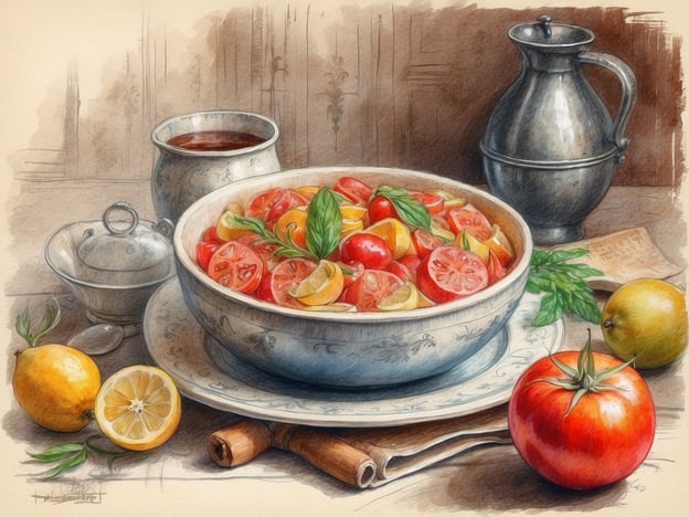 Auf dem Bild ist eine schöne arrangierte Schüssel mit einem frischen Salat zu sehen, der aus Tomaten und Zitronen besteht. Diese Kombination erinnert an die ungarische Küche, wo frische Zutaten wie Tomaten oft in verschiedenen Salaten verwendet werden, besonders bei Festen und Feiern.Bei ungarischen Festen wird häufig auch reichlich getrunken, zum Beispiel mit traditionellen Getränken wie ungarischem Wein oder Pálinka, einem Obstbrand. Die Verwendung von frischen Kräutern, wie man sie vielleicht im Salat sieht, ist ebenfalls typisch für die ungarische Esskultur, die für ihre aromatischen und vielfältigen Speisen bekannt ist.
