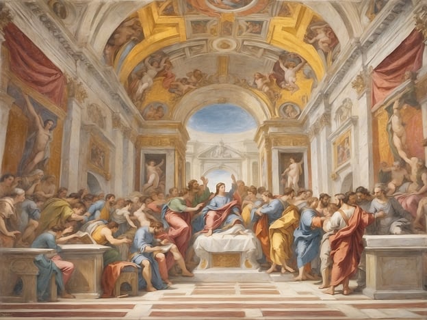 Auf dem Bild ist eine Szene dargestellt, die an die Werke im Vatikan erinnert, insbesondere die Sixtinische Kapelle. Es zeigt möglicherweise eine biblische Erzählung mit vielen Figuren, die an einem zentralen Punkt gruppiert sind, ähnlich wie in den Kunstwerken von Michelangelo.Die beeindruckende Architektur und die prächtigen Decken könnten an die Fresken und die Gestaltung der verschiedenen Kapellen im Vatikan erinnern, wie zum Beispiel die von Raphael. Solche Darstellungen sind Teil der reichen künstlerischen Tradition, die man im Vatikan findet.