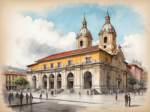 Das Bild zeigt eine malerische Ansicht eines historischen Gebäudes mit zwei hohen Türmen und einer markanten Architektur. Die Fassade ist in warmen Gelbtönen gehalten und von großen Bögen geprägt. Vor dem Gebäude sind zahlreiche Personen zu sehen, die sich auf dem Platz aufhalten. Die Szenerie wird von sanften Wolken im Himmel und einer lebendigen Atmosphäre umgeben. Das Bild vermittelt eine einladende und kulturelle Stimmung, die typisch für die Region ist, in der sich das NH Hotels Bogota Pavillon Royal befindet.