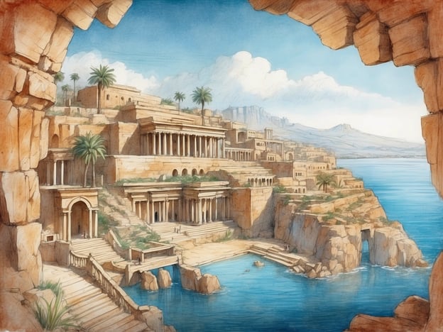 Auf dem Bild sieht man eine illustrierte Küstenlandschaft, die an die antike Architektur Zyperns erinnert. Die Gegend ist von imposanten Gebäuden mit Säulen und Terrassen geprägt, die vermutlich in der klassischen oder hellenistischen Architektur verankert sind. Dieser Stil spiegelt die kulturelle und geschichtliche Bedeutung Zyperns wider, das schon in der Antike ein bedeutendes Handelszentrum war und von verschiedenen Zivilisationen, einschließlich der Ägypter, Griechen und Römer, beeinflusst wurde.Zypern war auch bekannt für seine reichhaltigen Bodenschätze, insbesondere Kupfer, was dem Land im Altertum Wohlstand und Einfluss bescherte. Die dargestellte Szenerie könnte eine fiktive oder stilisierte Darstellung einer Stadt wie Paphos oder Salamis darstellen, die für ihre Ruinen und historischen Stätten berühmt sind. Solche Orte zeugen von der reichen Geschichte und der kulturellen Vielfalt der Insel, die immer wieder ein Knotenpunkt der Begegnung von verschiedenen Kulturen war.