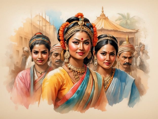 Auf dem Bild sind drei Frauen zu sehen, die traditionell gekleidet sind. Ihre Kleidung spiegelt die reiche kulturelle Vielfalt und die Traditionen der indischen Gesellschaft wider. Die Farben und Muster ihrer Saris sind lebhaft und symbolisch, oft verbunden mit festlichen Anlässen oder religiösen Feierlichkeiten.Die Frauen tragen auch Schmuck, der in vielen Kulturen eine wichtige Rolle spielt, da er oft für Wohlstand, Feierlichkeiten oder kulturelle Identität steht. Im Hintergrund sind auch Männer zu sehen, die möglicherweise ebenfalls an einer Veranstaltung oder Feier teilnehmen.Das Bild vermittelt ein Gefühl von Gemeinschaft und kulturellem Erbe, das in vielen Traditionen der Welt hoch geschätzt wird. Es symbolisiert die Schönheit und Vielfalt der menschlichen Erfahrungen und Traditionen, die von Generation zu Generation weitergegeben werden.