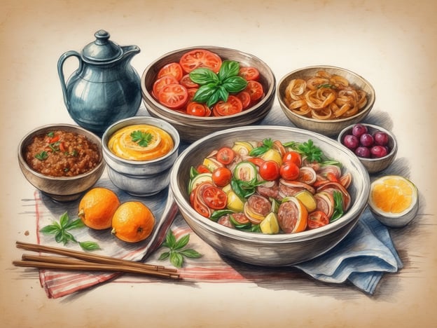 Auf dem Bild sind verschiedene traditionelle Gerichte und Spezialitäten zu sehen. In der Mitte befindet sich eine bunte Salatschüssel, möglicherweise mit Tomaten, Gurken und frischen Kräutern, die typisch für mediterrane Küche sind. Daneben sind Schalen mit verschiedenen Dips oder Beilagen, wie eine Art püriertem Gemüse oder Hummus, und eventuell einer Mischung aus Bulgur oder Quinoa.Es gibt auch frische Tomaten und olivengrüne Früchte, die als Snack oder für die Zubereitung von Gerichten verwendet werden. Die Orangen und der Zitronenschnitt lassen darauf schließen, dass frische Früchte eine Rolle in diesem Menü spielen.Zusammengefasst zeigt das Bild eine Vielzahl von frischen und gesunden Zutaten, die oft in der mediterranen oder nahöstlichen Küche vorkommen.