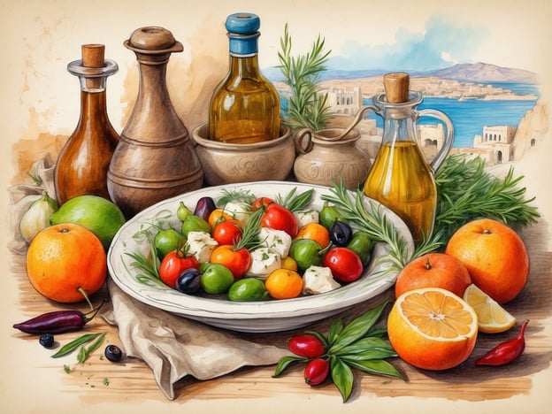 Auf dem Bild ist eine bunte Zusammenstellung von frischen Zutaten und Gewürzen zu sehen, die typische Elemente der zypriotischen Küche repräsentieren. Hierzu gehören eine Vielzahl von Gemüse- und Obstsorten, wie Tomaten, Oliven und Zitrusfrüchte, die häufig in zypriotischen Gerichten verwendet werden.Besonders hervorzuheben ist das Olivenöl, das in Zypern eine zentrale Rolle spielt und oft in Salaten und beim Kochen eingesetzt wird. Die verschiedenen Kräuter und die Oliven symbolisieren ebenfalls die mediterrane Ernährung, die reich an frischen, saisonalen Produkten ist.Zypriotische Spezialitäten wie **Halloumi-Käse**, der umgeben von den frischen Zutaten in einer Schüssel platziert ist, kommen auch häufig vor. Die Mischung von Aromen, die aus der Kombination von frischen Zutaten und hochwertigen Ölen entsteht, ist ein Markenzeichen der zypiotischen Küche.
