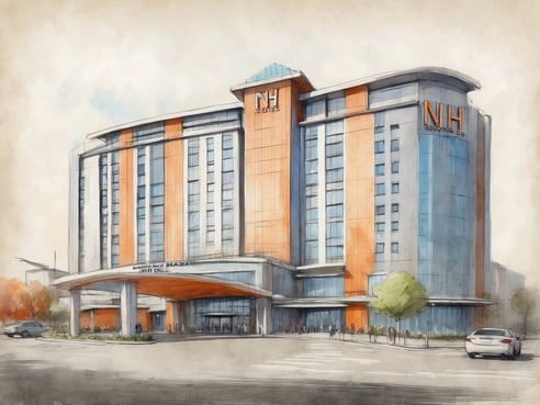 Das Bild zeigt das NH Hotel Bratislava Gate One in der Slowakei. Das moderne Gebäude hat eine auffällige Fassade mit einer Kombination aus blauen, orangefarbenen und weißen Elementen. Im Vordergrund sind eine Eingangsauffahrt mit überdachtem Bereich und eine begrünte Fläche zu sehen. Es stehen mehrere Autos am Rand, und einige Personen sind sichtbar, die sich beim Eingang aufhalten. Der Himmel im Hintergrund zeigt eine helle, wolkige Atmosphäre.