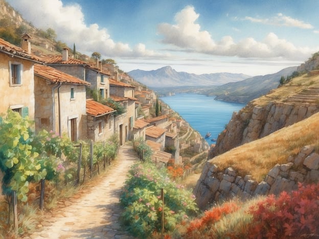 Auf dem Bild ist eine malerische Landschaft mit einer kleinen, charmanten Ortschaft zu sehen, die an einem Gewässer liegt. Der Weg führt durch die ruhigen Gassen der Häuser und ist von üppigem Grün und bunten Blumen gesäumt. Im Hintergrund erstrecken sich sanfte Hügel und Berge, die der Szene eine romantische Atmosphäre verleihen.Für Wanderer gibt es viele Möglichkeiten, die Schönheit dieser Landschaft zu genießen:1. **Gemütliche Spaziergänge**: Ideal für Familien oder weniger geübte Wanderer. Man kann die kleinen Gassen der Ortschaft erkunden und die lokale Architektur bewundern.2. **Moderate Wanderungen**: Ausgedehnte Wanderwege entlang des Wassers oder durch die Weinberge bieten perfekte Gelegenheiten, die Natur zu genießen und wunderschöne Ausblicke zu gewinnen.3. **Herausfordernde Bergwanderungen**: Für Abenteurer und erfahrene Wanderer sind die umliegenden Berge eine tolle Möglichkeit, spektakuläre Ausblicke auf das Wasser und die Umgebung zu erleben.4. **Fotowanderungen**: Für Fotografen gibt es zahlreiche Chancen, die natürliche Schönheit und die eindrucksvollen Farben dieser Region festzuhalten.Egal für welche Option man sich entscheidet, jede bietet die Möglichkeit, die beeindruckende Landschaft und die entspannte Atmosphäre zu genießen.