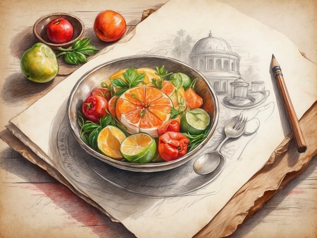 Auf dem Bild ist eine kunstvoll dargestellte Schüssel mit einer bunten Mischung aus frischen Früchten zu sehen, darunter Mandarinen, Limetten, Äpfel und andere. Um die Schüssel herum liegen weitere Äpfel und einige grüne Blätter. Im Hintergrund sind skizzenhafte Darstellungen, die eine interessante kulinarische Szene schaffen.Kulinarische Highlights entdecken könnte hier die Vielfalt und Frische der Früchte betonen, die nicht nur gesund sind, sondern auch eine festliche Note in jedes Gericht bringen können.