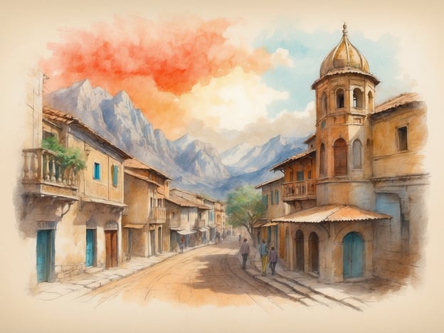 Auf dem Bild ist eine malerische Straße zu sehen, die von traditioneller Architektur gesäumt ist, und die Kulisse wird von majestätischen Bergen geprägt. Diese Szenerie spiegelt die kulturelle Vielfalt Zyperns wider, wo östliche und westliche Einflüsse zusammenkommen.Die bunten Fenster und Verzierungen an den Gebäuden erinnern an den mediterranen Stil, der sowohl von der griechischen als auch von der türkischen Kultur inspiriert ist. Auch die gemütliche Atmosphäre und die Präsenz von Menschen, die auf der Straße flanieren, zeugen von der lebendigen, multikulturellen Gesellschaft Zyperns, die stolz auf ihre reiche Geschichte und Traditionen ist.