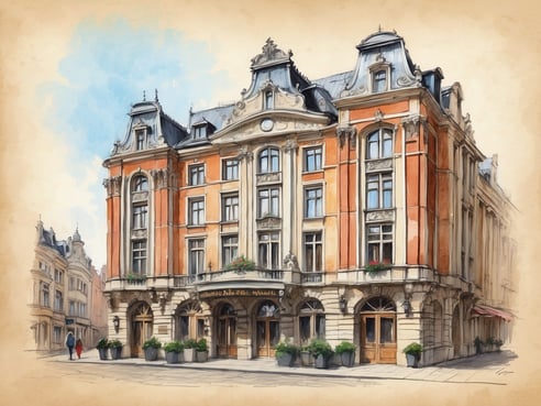 Das Bild zeigt das NH Hotels Brussels Carrefour De L'Europe in Belgien. Das elegante Gebäude ist im historischen Stil mit einer markanten Fassade aus orangefarbenem und cremefarbenem Putz gestaltet. Die Fensterelemente sind reich verziert und die Balkone sind mit Blumen geschmückt. Vor dem Hotel stehen große Pflanzkübel mit grünen Pflanzen. Auf der Straße sind zwei Personen zu sehen, die in Richtung des Hotels spazieren. Die Umgebung wirkt charmant und einladend, ergänzt durch den klaren Himmel im Hintergrund.