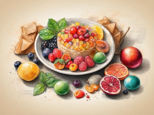 Auf dem Bild sind eine Vielzahl von Früchten zu sehen, die eine bunte und lebendige Komposition bilden. Abseits der klassischen Obstsorten könnten hier einige kulinarische Highlights zu finden sein:1. **Kumquats** - Diese kleinen, orangenen Früchte können ganz gegessen werden, einschließlich der Schale, und bringen einen süß-sauren Geschmack.2. **Fuyu-Äpfel** - Eine asiatische Apfelsorte, die besonders süß und knackig ist, ideal für Desserts oder einfach zum Snacken.3. **Bramble-Beeren** - Eine weniger bekannte Beerenart, die wild wächst und einen intensiven, süß-sauren Geschmack bietet.4. **Yuzu** - Eine japanische Zitrusfrucht, die oft in Dressings oder Desserts verwendet wird und einen einzigartigen, erfrischenden Geschmack hat.5. **Litschi** - Diese exotische Frucht hat ein süßes, saftiges Fruchtfleisch und ist besonders beliebt in asiatischen Desserts.Diese Früchte bringen nicht nur Farbe, sondern auch außergewöhnliche Aromen in verschiedene kulinarische Kreationen.