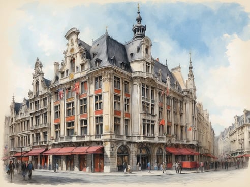 Das Bild zeigt die beeindruckende Fassade des NH Hotels Brussels Grand Place Arenberg in Belgien. Die Architektur ist im traditionellen Stil gehalten, mit dekorativen Elementen und einem markanten Dach. Mehrere Flaggen, darunter britische und belgische, sind sichtbar. Im unteren Bereich sind Tische mit roten Sonnenschirmen, die auf eine einladende Atmosphäre hinweisen. Die Straße vor dem Gebäude ist belebt, mit Passanten, die vorbeigehen. Der Himmel ist blau mit einigen Wolken, was zum freundlichen Gesamteindruck des Viertels beiträgt.