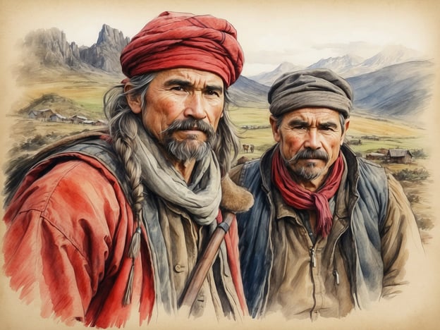 Auf dem Bild sind zwei Männer zu sehen, die traditionelle Kleidung tragen, die möglicherweise mit den Highland-Bewohnern assoziiert wird. Ihre Outfits, bestehend aus farbenfrohen Tüchern und robusten Materialien, spiegeln die kulturellen Bräuche und die Lebensweise der Menschen in hochgelegenen Regionen wider.Die Highland-Bewohner sind bekannt für ihre enge Verbindung zur Natur und ihre jahrhundertealten Traditionen, die oft durch Viehzucht und Landwirtschaft geprägt sind. Ihre symbolträchtigen Kleidungsstile können auch kulturelle Identität und Zugehörigkeit ausdrücken. Die Gesichter der Männer zeigen Charakter und Erfahrung, was typischerweise die Lebensrealitäten in rauen Umgebungen widerspiegelt.
