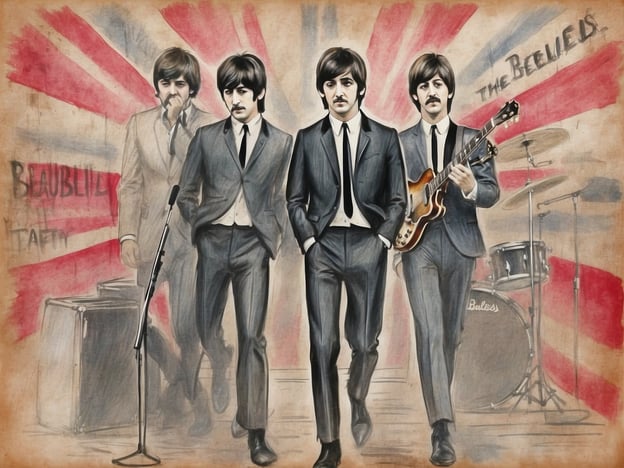 Das Bild zeigt eine künstlerische Darstellung von vier Musikern, die an die Beatles erinnern. Die Beatles waren während der 1960er Jahre maßgeblich an der musikalischen Revolution in Liverpool und darüber hinaus beteiligt. Ihre Musik, geprägt von innovativen Melodien und Texten, beeinflusste zahlreiche Künstler und Stilrichtungen.Die Beatles, bestehend aus John Lennon, Paul McCartney, George Harrison und Ringo Starr, trugen entscheidend zur Entstehung der 'British Invasion' bei und revolutionierten das Rockgenre. Ihre Auftritte in Liverpool, insbesondere im berühmten Cavern Club, trugen zu ihrem weltweiten Ruhm bei. Das Bild spiegelt den Geist dieser aufregenden Ära wider, mit der typischen Mode und der Energie, die die Musikszene dieser Zeit prägte.
