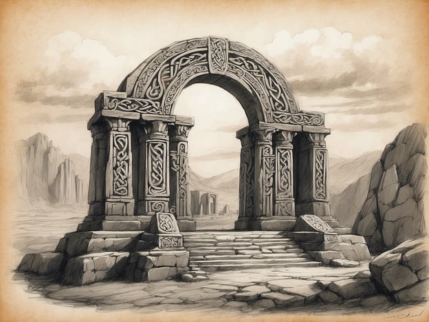 Auf dem Bild ist ein imposanter Steingewölbe oder ein Torbogen zu sehen, das wahrscheinlich von der keltischen Kultur inspiriert ist. Die keltische Kunst zeichnet sich durch komplexe Muster und filigrane Verzierungen aus, die oft Tier- und Pflanzenmotive enthalten. Historisch gesehen waren die Kelten für ihre beeindruckenden Monumente und architektonischen Strukturen bekannt, die oft religiöse oder zeremonielle Funktionen hatten.Der architektonische Stil und die Symbolik könnten an die keltische Mythologie und die Verbindung der Kelten zur Natur und ihren Gottheiten erinnern. Solche Strukturen finden sich häufig in den Überresten keltischer Siedlungen in Irland, Schottland und Wales, wo sie Teil des kulturellen Erbes der Region sind. Der Torbogen könnte somit als Symbol für den Übergang zwischen der physischen und der spirituellen Welt interpretiert werden.