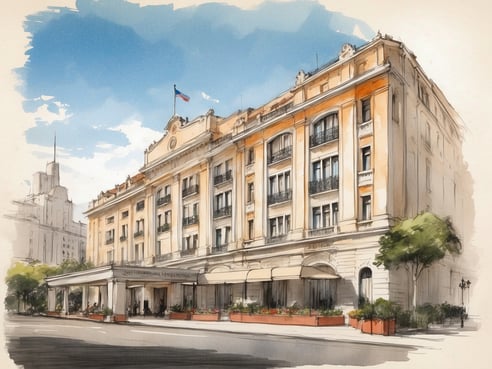 Das Bild zeigt die Fassade des NH Hotels Buenos Aires City in Argentinien. Das Gebäude ist majestätisch mit einem klassischen architektonischen Stil. Es hat große Fenster mit Balkonen, die von Balkongittern umrahmt werden. Vor dem Hotel gibt es Überdachungen und Grünpflanzen in Töpfen, die eine einladende Atmosphäre schaffen. Im Hintergrund sind einige moderne Hochhäuser zu sehen und der Himmel ist blau mit einigen Wolken.