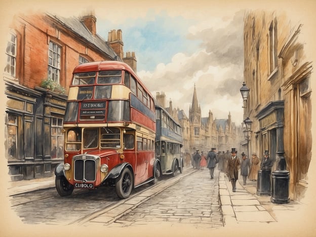 Auf dem Bild ist eine nostalgische Straßenszene in einem britischen Stadtviertel zu sehen, wahrscheinlich aus der ersten Hälfte des 20. Jahrhunderts. Im Vordergrund steht ein klassischer, roter Doppeldeckerbus, der ein Wahrzeichen des öffentlichen Lebens in Großbritannien ist. Die schmalen Gassen und historisch anmutenden Gebäude im Hintergrund transportieren den Betrachter in eine andere Zeit.Diese Darstellung erinnert an die literarische Tradition Großbritanniens, in der städtische Umgebung oft als Schauplatz für gesellschaftliche Interaktionen und Charakterstudien dient. Werke von Autoren wie Charles Dickens oder Jane Austen zeigen häufig die Dynamik des städtischen Lebens und die sozialen Unterschiede, die durch verschiedene Klassen und Berufe gekennzeichnet sind. Die Kleidung der Passanten, vor allem die Zylinder und eleganten Mäntel, deutet auf eine vergangene Epoche hin, in der Mode und gesellschaftliche Normen stark ausgeprägt waren.Insgesamt fängt das Bild die Atmosphäre und den kulturellen Kontext einer wichtigen Phase der britischen Geschichte ein, die durch Entwicklung, Veränderungen in der Gesellschaft und den Einfluss der Industrialierung prägte.