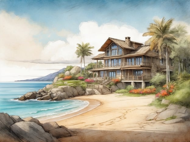 Auf dem Bild ist ein malerisches Strandhaus zu sehen, das sich direkt an einer Küste befindet. Das Gebäude hat große Fenster, die einen Blick auf das Meer bieten, und ist von Palmen sowie bunten Blumen umgeben. Die Szenerie vermittelt ein Gefühl von Ruhe und Naturverbundenheit.Im Zusammenhang mit Roompot Park - Boomhiemke könnte man sagen, dass dieser Park eine ähnliche entspannende Umgebung bietet. Er befindet sich in der Nähe des Strandes und wäre ideal für Familien und Gruppen, die eine Auszeit in der Natur suchen. Aktivitäten wie Radfahren, Wandern oder einfach am Strand entspannen wären dort möglich.