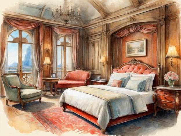 Auf dem Bild ist ein elegantes Schlafzimmer zu sehen. Die Einrichtung besteht aus einem großen, gepolsterten Bett mit weichen Kissen und einer geschmackvollen Bettdecke. Neben dem Bett steht ein Nachttisch mit einer Lampe und einer Blumenvase. Im Raum befinden sich ein gemütlicher Sessel sowie eine Couch, die zum Entspannen einladen.Die Fenster sind groß und lassen viel Tageslicht herein, während die Vorhänge den Raum schön dekorieren. Die Wände sind mit Holzvertäfelungen versehen und es gibt ein stilvolles Gemälde, das die Wand schmückt. Insgesamt strahlt der Raum eine luxuriöse Atmosphäre aus, ideal für einen erholsamen Aufenthalt.