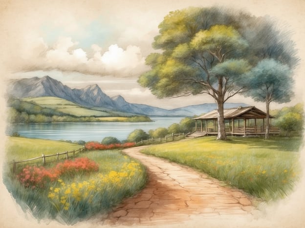 Auf dem Bild ist eine idyllische Landschaft zu sehen, die eine sanfte, gewundene Straße zeigt, die durch blühende Wiesen mit bunten Blumen führt. Im Hintergrund sieht man ein ruhiges Gewässer, umgeben von sanften Hügeln und Bergen. Auf der linken Seite steht ein kleines Holzgebäude, das von großen Bäumen umrahmt wird, was eine friedliche, einladende Atmosphäre schafft.Diese Art von Landschaft könnte gut zu einem Aufenthalt im Roompot Park - Bospark De Schaapskooi passen, einem Ferienpark, der sich in einer natürlichen Umgebung befindet. Der Park bietet Möglichkeiten für Erholung in der Natur, Wanderungen und familiäre Aktivitäten. Die malerische Szenerie würde sicherlich perfekt zu einer entspannten Auszeit in solch einem Park passen.