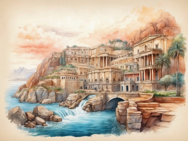 Auf dem Bild ist eine malerische Uferlandschaft mit prächtigen, historischen Gebäuden zu sehen, die sich an einem Berghang befinden. Die Architektur erinnert an antike römische Villen oder Paläste, umgeben von üppiger Vegetation und hohen Palmen. Die Brandung des Meeres schlägt gegen die Felsen, und der Himmel ist in sanften Farben gehalten, was eine friedliche Atmosphäre vermittelt.In der Umgebung dieser Kulisse könnte man an Sehenswürdigkeiten wie das antike Pompeji oder das traumhafte Amalfi-Küstengebiet in Italien denken. Diese Orte sind bekannt für ihre beeindruckenden Aussichten, historischen Stätten und ihre reiche Kultur. Die Kombination aus Meer, Bergen und historischen Bauwerken spiegelt das Flair dieser Regionen wider.