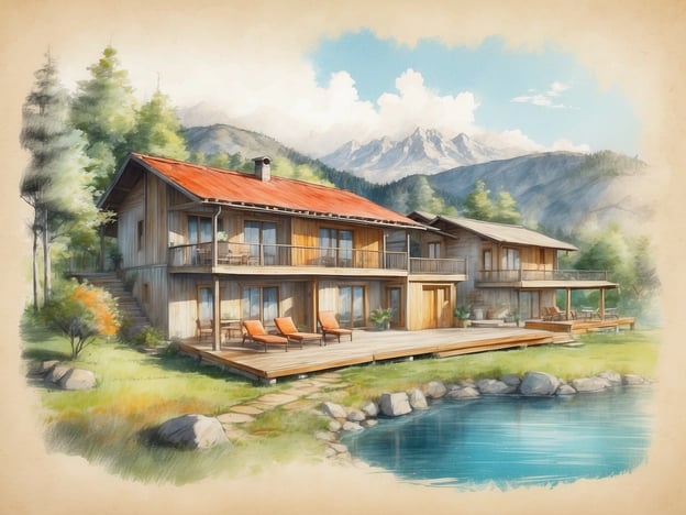 Auf dem Bild ist eine idyllische Holzvilla zu sehen, die von einer malerischen Landschaft umgeben ist. Das Haus hat eine große Terrasse mit Liegestühlen und einen direkten Blick auf einen kleinen See. Im Hintergrund erkennt man Berge und eine bewaldete Umgebung, was für eine entspannte Urlaubsatmosphäre sorgt.
Der Roompot Park - Bospark Lunsbergen bietet ähnliche natürliche Schönheiten mit der Möglichkeit, in komfortablen Unterkünften zu entspannen. Die Anlage ist ideal für Familien und Naturfreunde, die eine ruhige Auszeit in der Natur suchen. Aktive Erholung, wie Wandern und Radfahren, sind ebenfalls Teil des Erlebnisses here.