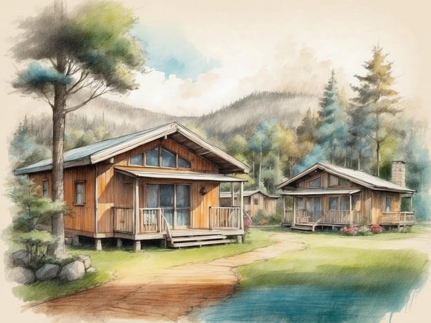 Auf dem Bild sind mehrere Holzchalets zu sehen, die in einer naturnahen Umgebung stehen. Die Chalets haben große Fenster und Veranden, die einen Blick auf die umgebende Landschaft ermöglichen. Im Hintergrund erkennt man sanfte Hügel und Bäume, die eine ruhige Atmosphäre schaffen.Bezogen auf den Roompot Park: Solche Unterkünfte bieten häufig eine naturnahe Umgebung für Erholung und Aktivitäten. Roompot Parks sind bekannt für ihre Ferienhäuser, die oft in malerischen Landschaften gelegen sind und ein perfektes Ziel für Familien und Naturliebhaber darstellen. Die Parks stellen eine Vielzahl von Freizeitmöglichkeiten zur Verfügung, darunter Radfahren, Wandern und verschiedene Outdoor-Aktivitäten.