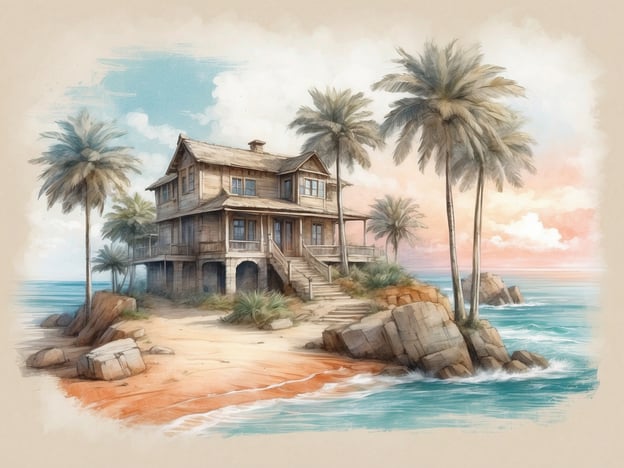 Auf dem Bild ist ein malerisches Holzhaus zu sehen, das anscheinend auf einer kleinen Insel liegt. Um das Haus herum sind Palmen und eine Sandstrandlandschaft sichtbar, während das ruhige Meer sanft gegen die Felsen schlägt.In der Umgebung könnten Sehenswürdigkeiten wie Strände mit klarem Wasser, Küstenwanderwege oder Naturschutzgebiete vorkommen, die für ihre natürliche Schönheit bekannt sind. Möglicherweise gibt es auch kulturelle Attraktionen wie kleine Cafés oder Wellness-Angebote in der Nähe.