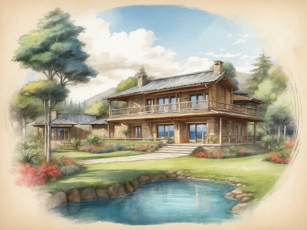 Auf dem Bild ist ein malerischer Bungalow zu sehen, der von einer schönen Landschaft umgeben ist. Der Bungalow zeigt eine Holz- und Steinarchitektur mit einem Balkon im oberen Bereich und großen Fenstern, die einen Blick auf die Natur bieten. Vor dem Gebäude erstreckt sich ein gepflegter Garten mit bunten Blumen und Büschen sowie einem kleinen Teich.Der Bungalowpark Hoenderloo bietet ähnliche idyllische Unterkünfte in einer naturnahen Umgebung, ideal für Erholungssuchende und Familien. Die Gegend ist von Wäldern und Wasserflächen geprägt und bietet zahlreiche Freizeitmöglichkeiten wie Wandern und Radfahren. Der Park ist besonders für seinen familiären Charme und die ruhige Atmosphäre bekannt.