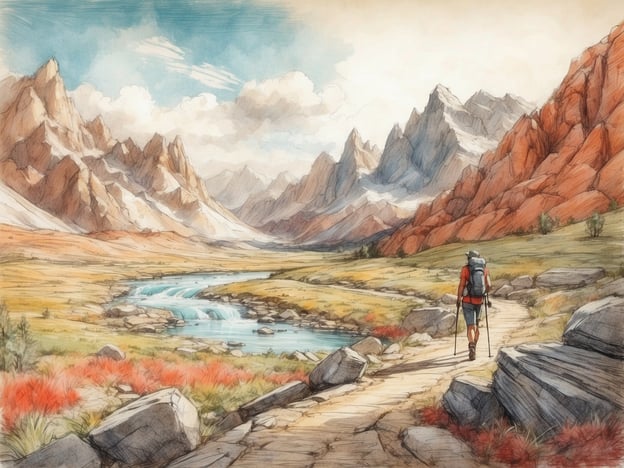Auf dem Bild ist eine malerische Landschaft mit Bergen, einem klaren Fluss und einem Wanderer zu sehen. Die Umgebung bietet zahlreiche Freizeitmöglichkeiten, wie:1. **Wandern**: Es gibt viele Wanderwege, die verschiedene Schwierigkeitsgrade bieten.2. **Camping**: In der Nähe gibt es bestimmt Plätze zum Zelten, wo man die Natur hautnah erleben kann.3. **Fotografieren**: Die beeindruckende Landschaft zieht Fotografen an, die die Schönheit der Natur festhalten wollen.4. **Angeln**: Der Fluss bietet möglicherweise gute Angelmöglichkeiten für Sportangler.5. **Tierbeobachtung**: Die Region könnte ein Lebensraum für viele Wildtiere sein, was für Naturliebhaber interessant ist.Diese Aktivitäten machen die Umgebung zu einem idealen Ort für Outdoor-Enthusiasten.