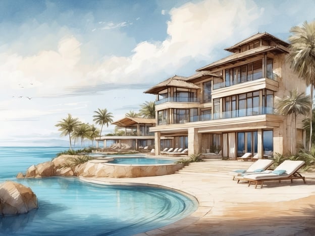 Auf dem Bild ist eine luxuriöse Villa am Meer zu sehen. Die Architektur ist modern und offen, mit großen Fenstern, die einen tollen Blick auf das Wasser bieten. Die Unterkunft verfügt über mehrere Etagen und ist von Palmen umgeben, die eine tropische Atmosphäre schaffen.In der Ausstattung sind gemütliche Liegen am Poolbereich erkennbar, die zum Entspannen einladen. Der Außenbereich bietet einen schönen Pool, der direkt mit dem Meer verbunden zu sein scheint. Die gesamte Umgebung vermittelt ein Gefühl von Ruhe und Exklusivität, perfekt für einen erholsamen Urlaub.