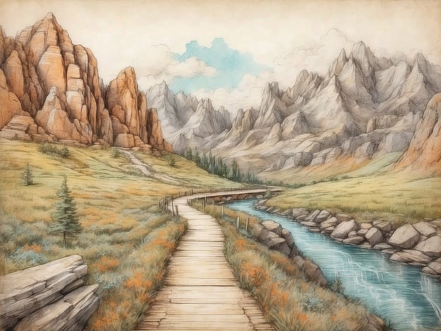 Auf dem Bild ist eine malerische Landschaft mit Baumwipfeln, sanften Hügeln und steilen Felsen zu sehen. Ein Holzsteg führt entlang eines klaren Flusses, umgeben von saftigem Gras und bunten Blumen. Die majestätischen Berge im Hintergrund runden das Bild ab.In der Umgebung bietet sich eine Vielzahl von Freizeitmöglichkeiten an, wie:1. **Wandern**: Es gibt zahlreiche Wanderwege, die durch die atemberaubende Natur führen.2. **Fahrradfahren**: Radwege ermöglichen es, die Landschaft auf zwei Rädern zu erkunden.3. **Picknicken**: Grünflächen laden zu entspannten Picknicks in der Natur ein.4. **Angeln**: Der Fluss bietet gute Möglichkeiten für Angler.5. **Naturbeobachtung**: Die Vielfalt an Pflanzen und Tieren ist ideal für Naturliebhaber und Fotografen.Diese Aktivitäten machen die Region zu einem perfekten Ziel für Outdoor-Enthusiasten.