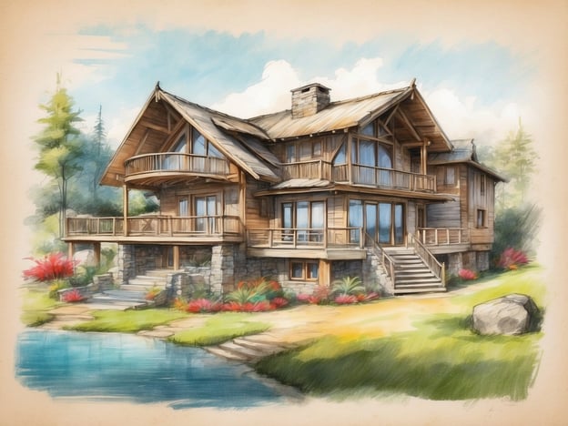 Auf dem Bild ist ein charmantes, modernes Holzhaus zu sehen, das von einem gepflegten Garten mit Büschen und einem kleinen Teich umgeben ist. Es hat eine große Veranda mit Blick auf das Wasser und wirkt einladend und gemütlich.Der Roompot Park ist bekannt für seine idyllische Lage mit einer Vielzahl von Freizeitmöglichkeiten in der Natur. In einem solchen Park könnten ähnliche Unterkünfte angeboten werden, die Komfort und die Möglichkeit, die Umgebung zu erkunden, kombinieren. Besucher können Aktivitäten wie Wandern, Radfahren oder Schwimmen genießen und dabei die Natur und Ruhe erleben.