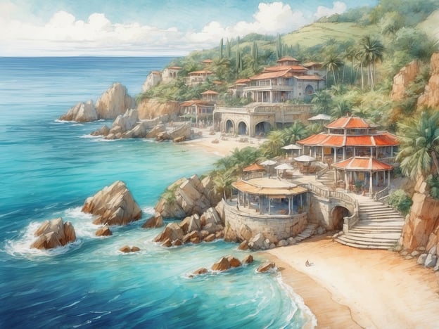 Auf dem Bild ist eine malerische Küstenlandschaft mit einem schönen Strand zu sehen. Die Wellen plätschern sanft gegen die Felsen, die aus dem klaren, blauen Wasser ragen. Am Strand befinden sich einige Gebäude mit roten Dächern, die einen charmanten, tropischen Stil aufweisen. Diese Gebäude scheinen Restaurants oder Cafés zu sein, mit Terrassen, die einen herrlichen Blick auf das Meer bieten.Im Hintergrund sieht man grüne Hügel, die die Küste umgeben und mit Palmen bewachsen sind. Diese Landschaft lädt zum Entspannen und Genießen der Natur ein. Solch ein Ort könnte typischerweise in tropischen Reisezielen wie Mexiko oder der Karibik zu finden sein, voller Möglichkeiten für Wassersport, Erholung und Sightseeing.