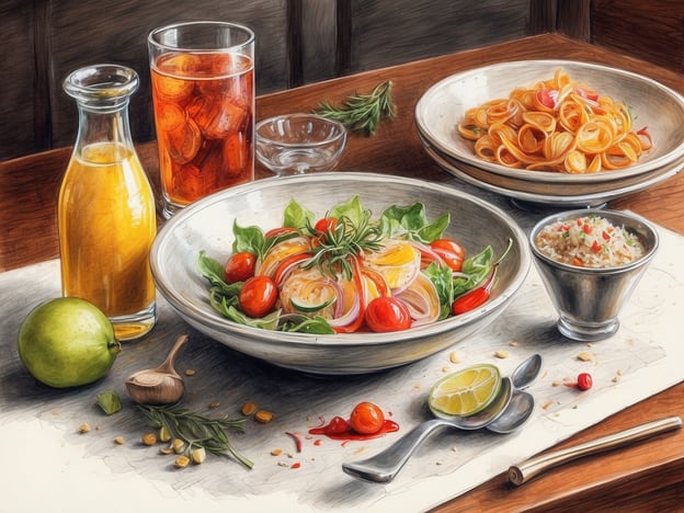 Auf dem Bild sind verschiedene Lebensmittel und Getränke zu sehen. Es gibt eine große Schüssel mit frischem Salat, der mit Tomaten, Blattsalat und Zwiebeln garniert ist. Daneben befindet sich eine Schüssel mit Pasta, die in einer gelben Sauce zubereitet ist. Außerdem gibt es einen kleinen Behälter mit einer Art Reis, der wahrscheinlich gewürzt ist.Zu trinken gibt es zwei Flaschen: eine mit einem gelben Getränk, möglicherweise Saft, und ein Glas mit einem roten, gekühlten Getränk. Zudem liegen einige frische Zutaten wie eine Limette, eine grüne Zitrone, Knoblauchzehen und Kräuter auf dem Tisch.