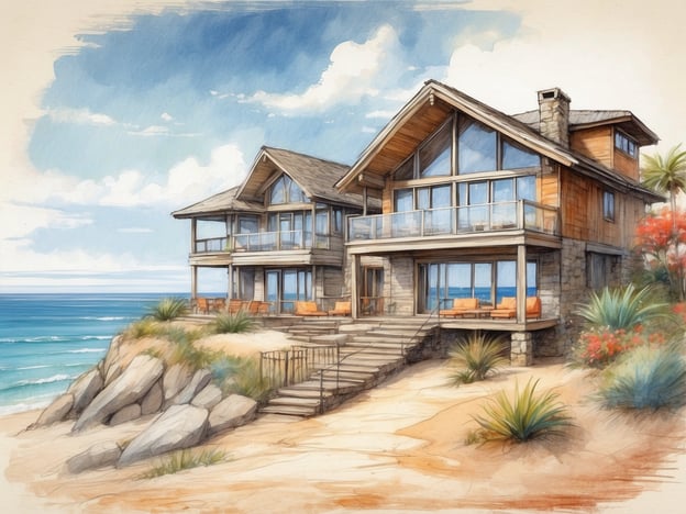 Auf dem Bild sind zwei moderne, rustikal gestaltete Strandhäuser zu sehen. Sie befinden sich auf einer Küstenlinie, mit einem Blick auf das Meer. Die Häuser haben große Fensterfronten und Balkone, die eine hervorragende Aussicht auf die Umgebung bieten. Der sandige Strand sowie Felsen und Vegetation im Vordergrund ergänzen die malerische Szenerie.
Roompot Park - Cape Helius bietet ähnliche malerische Unterkünfte am Meer. Der Park ist bekannt für seine schönen Ferienhäuser, die nahe am Wasser liegen und den Gästen eine entspannte Atmosphäre ermöglichen. Es gibt zahlreiche Aktivitäten in der Umgebung, darunter Wassersport, Radfahren und Erholung in der Natur, was jeden Aufenthalt zu einem unvergesslichen Erlebnis macht.