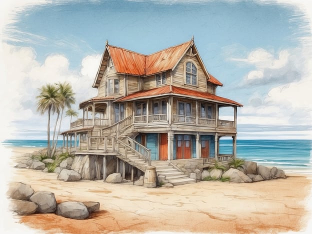 Auf dem Bild ist ein malerisches Strandhaus zu sehen, das auf Stelzen gebaut ist. Es steht in der Nähe eines Strandes mit Blick auf das Meer und ist von Palmen und Steinen umgeben.
In der Nähe solcher Orte findet man oft Sehenswürdigkeiten wie zum Beispiel die berühmten Strände von Miami oder die Küstenlinie der Florida Keys. Diese Regionen sind bekannt für ihre schöne Architektur, lebhaften Küsten und zahlreiche Freizeitmöglichkeiten, wie Wassersport und Erholung am Strand.