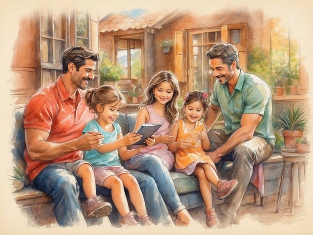 Auf dem Bild ist eine freundliche Szene zu sehen, in der zwei Väter zusammen mit ihren vier Töchtern auf einer Couch sitzen. Sie scheinen eine entspannte und fröhliche Zeit miteinander zu verbringen, während die Kinder mit einem Tablet und Getränken beschäftigt sind. Der Raum wirkt heimelig und ist mit Pflanzen und Fenstern gestaltet, die eine angenehme Atmosphäre schaffen.Zum Thema Roompot Park: Roompot Park bietet zahlreiche Urlaubsanlagen, die familienfreundliche Unterkünfte und Einrichtungen bieten. Es gibt oft Aktivitäten für Kinder, Schwimmbäder und Freizeitmöglichkeiten in der Natur. Die Umgebung ist ideal für Ruhesuchende und Familien, die eine gute Zeit zusammen verbringen möchten.