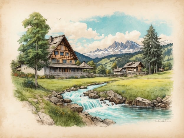 Auf dem Bild ist eine idyllische Landschaft mit einem großen, traditionellen Holzhaus zu sehen. Umgeben von sanften Hügeln und majestätischen Bergen im Hintergrund, fließt ein klarer Bach durch die Szene. Die Wiesen sind grün und blühend, und es gibt einige weitere Gebäude im Hintergrund, die ebenfalls ländlichen Charme ausstrahlen.Die Geschichte von Bad Schandau, einer Stadt in Sachsen, ist geprägt von ihrer schönen Natur und den vielen Möglichkeiten für Erholung und Outdoor-Aktivitäten. Ähnlich wie auf dem Bild, wo die Landschaft einladend wirkt, bietet Bad Schandau atemberaubende Ausblicke, Flüsse und die Möglichkeit, die Sächsische Schweiz zu erkunden. Die Kombination aus traditioneller Architektur und natürlicher Schönheit schafft einen ruhigen Rückzugsort, der sowohl Einheimische als auch Besucher anzieht.