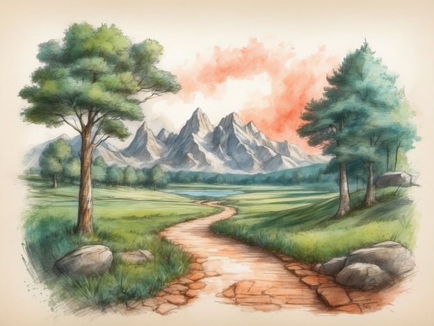 Auf dem Bild ist eine malerische Landschaft mit grünen Wiesen, Bäumen und majestätischen Bergen im Hintergrund zu sehen. Ein Weg führt durch die Szene und lässt auf Erkundungsmöglichkeiten schließen.In der Umgebung könnten verschiedene Freizeitmöglichkeiten angeboten werden, wie:1. **Wandern**: Die scenic Trails in der Nähe der Berge laden zu ausgiebigen Wanderungen ein.2. **Radfahren**: Es gibt vermutlich Radwege, die die Naturlandschaft erkunden lassen.3. **Picknicken**: Die weiten Wiesen bieten ideale Plätze für ein schönes Picknick.4. **Fotografieren**: Die abwechslungsreiche Landschaft ist perfekt für Fotografie-Enthusiasten.5. **Vogelbeobachtung**: Die Natur könnte eine Vielzahl an Vogelarten beherbergen, die spannend zu beobachten sind.Diese Freizeitmöglichkeiten machen die Umgebung zu einem attraktiven Ziel für Natur- und Outdoor-Liebhaber.