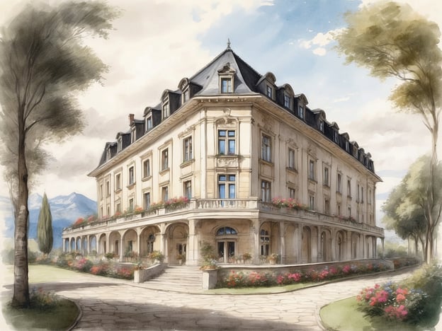 Auf dem Bild ist ein elegantes Gebäude zu sehen, das vermutlich ein Hotel oder eine Gästeunterkunft darstellt. Es hat eine beeindruckende Architektur mit großen Fenstern und einem geschmackvoll gestalteten Balkon, der von Blumen geschmückt ist. Um das Gebäude herum gibt es eine weitläufige Gartenlandschaft mit gepflegten Wegen und bunten Blumenbeeten.Die Annehmlichkeiten könnten eine Terrasse mit Sitzmöglichkeiten, einen großzügigen Empfangsbereich und möglicherweise luxuriöse Zimmer bieten, die einen schönen Blick auf die umliegende Landschaft ermöglichen. Die Umgebung wirkt einladend und ruhig, ideal für entspannende Aufenthalte.
